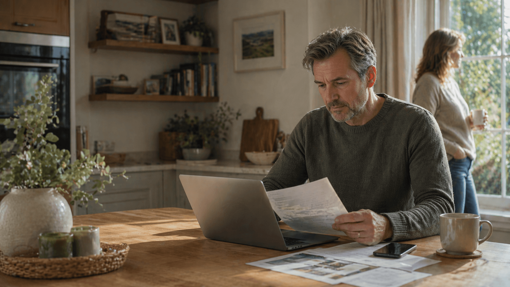 Man reviewing care home information and documents at home