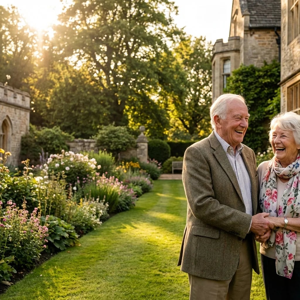 Professional British caregiver providing compassionate care to elderly couple